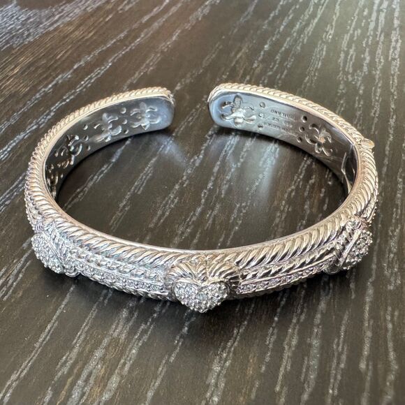 JUDITH RIPKA STERLING SILVER Heart Pave CZ Hinged Cuff Bracelet 925 - Picture 1 of 16